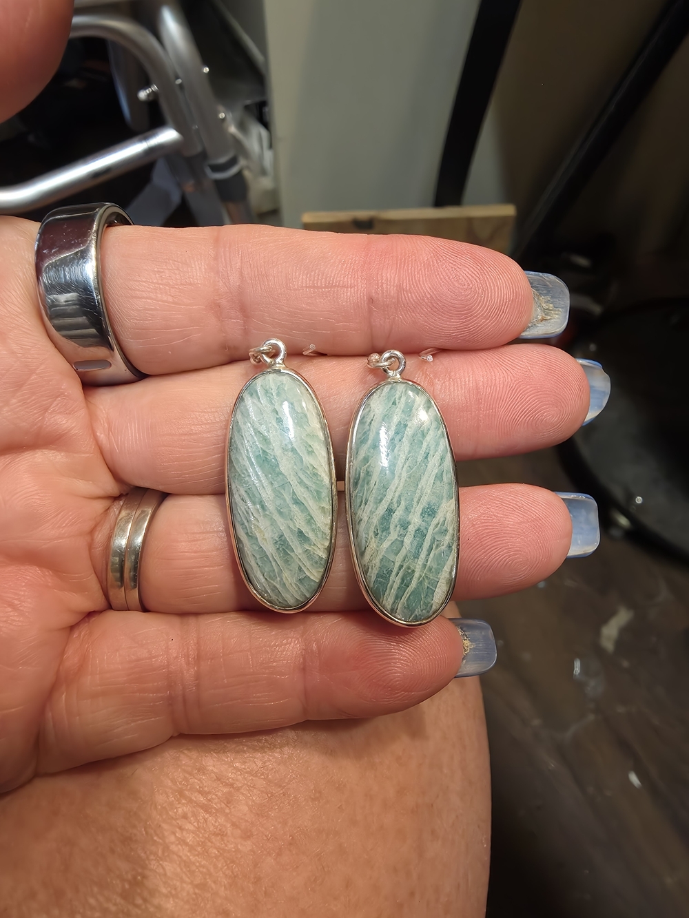 Sterling Silver Amazonite Oval Drop Earrings - Teal Green